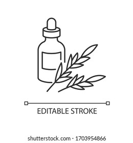 Rosemary oil pixel perfect linear icon. Herbal essence for aromatherapy. Organic plant ingredient. Thin line customizable illustration. Contour symbol. Vector isolated outline drawing. Editable stroke