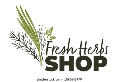 Rosemary and parsley, fresh herbs and spices shop. Isolated sign with calligraphic inscription and leaves. Oriental cuisine and culinary supplements for dishes. Label or emblem vector in flat style