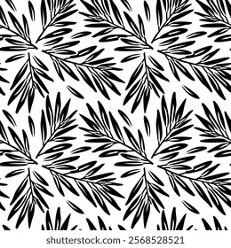 rosemary pattern, twigs and leaves, art deco. Culinary herbs and spices. Seamless seasoning. Seamless texture, symmetrical black silhouette on a white background. Seasonings, spices, food additives