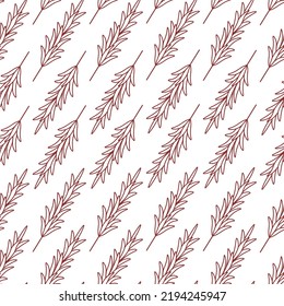 Rosemary. Red sprig of fragrant spice. Repeating vector pattern. Seamless floral ornament. Abstract background of twigs with leaves. Isolated colorless background. Doodle style. Idea for web design
