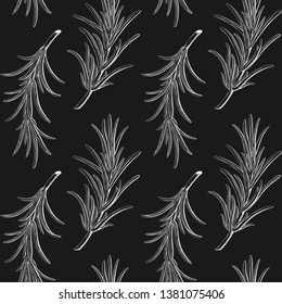 Rosemary seamless background. Vector illustration. Provence herbs. Green leaf leaves, twig, branch, herb stick. Isolated. Botanical. Floral. Herbal. Flower. Ingredient. Retro engraving ink drawing.