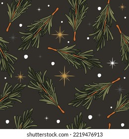 Rosemary seamless pattern. Vector, botanical illustration. Spicy herb for baking and recipes. Christmas.