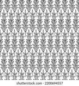 Rosemary. Sketch. A sprig of fragrant spice. Repeating vector pattern. Seamless floral ornament. Abstract background of twigs with leaves. Isolated colorless background. Idea for web design, packaging