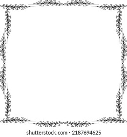 Rosemary. Sketch. A square frame made of fragrant spice sprigs. Vector illustration. Outline on isolated background. Doodle style. Stem with leaves. Idea for web design, menu.