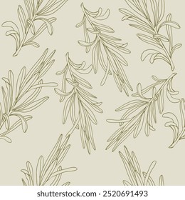Rosemary spice branches vector seamless pattern. Hand drawn food illustration, leaves silhouette for packing, textile, kitchen utilities design. monochrome background