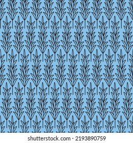 Rosemary. A sprig of fragrant spice. Repeating vector pattern. Seamless floral ornament. Abstract background of twigs with leaves. Isolated blue background. Idea for web design, packaging, wallpaper