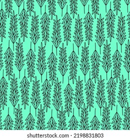 Rosemary. A sprig of fragrant spice. Repeating vector pattern. Seamless floral ornament. Abstract background of twigs with leaves. Isolated green background. Idea for web design, packaging, wallpaper