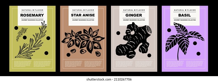 Rosemary, star anise, ginger, basil. Set of posters of spices and herbs in a abstract draw design. Label or poster for food preparing and culinary. Simple, flat design. For poster, cover, banner. 