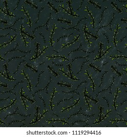 Rosemary and Thyme Seamless Endless Vector Background. Fresh Green Herbs for Meat, Steak or Seafood Cooking. Hand Drawn Illustration. Doodle Style. Black Board Background and Chalk.