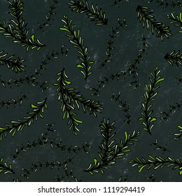 Rosemary and Thyme Seamless Endless Vector Background. Fresh Green Herbs for Meat, Steak or Seafood Cooking. Hand Drawn Illustration. Doodle Style. Black Board Background and Chalk.