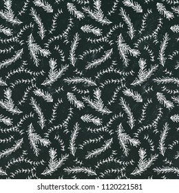 Rosemary and Thyme Seamless Endless Vector Background. Fresh Green Herbs for Meat, Steak or Seafood Cooking. Hand Drawn Illustration. Doodle Style. Black Board Background and Chalk.