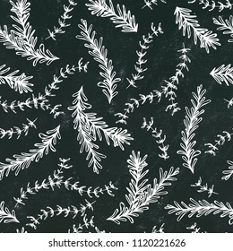 Rosemary and Thyme Seamless Endless Vector Background. Fresh Green Herbs for Meat, Steak or Seafood Cooking. Hand Drawn Illustration. Doodle Style. Black Board Background and Chalk.