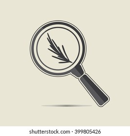 Rosemary under a magnifying glass. Botanical research conceptual icon. 