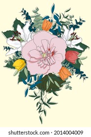 Rose-of-Sharon, Tulips, And Lilies Cascade Bouquet. Composition With Coffee, Ginko Biloba, Eucalyptus And Other Leaves. Foliage In Green, Grayish And Blue Shades. Floral Vector Illustration. 