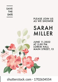 Roses 2020 realistic flower design. Beauty summer vector wedding invite bridal card.  Wild garden flower holiday greeting save the date.