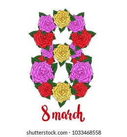 Roses for 8 march holiday, vector hand drawn line art illustration isolated on white background