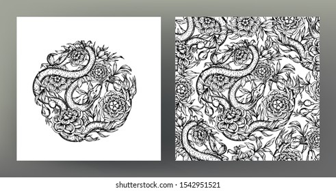Roses ands snake. Set of element and seamless pattern, background. Graphic drawing, engraving style. Vector illustration. In art nouveau style, vintage, old, retro style..