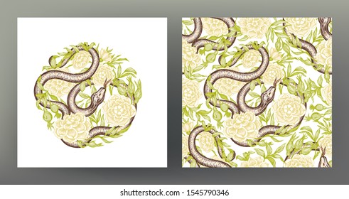 Roses ands snake. Set of element and seamless pattern, background. Graphic drawing, engraving style. Vector illustration. In art nouveau style, vintage, old, retro style..