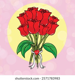 The roses are arranged gracefully, wrapped in a decorative ribbon. giving the design a romantic and timeless feel. The vector is clean and scalable, ideal for use in greeting cards, invitations.