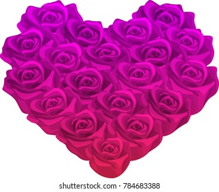 Roses arranged into a heart shape, fading from purple to pink to red.