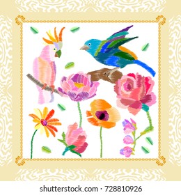 Roses in the autumn garden. Silk scarf with birds and flowers on white background. Stylized embroidered texture. Vintage textile collection.