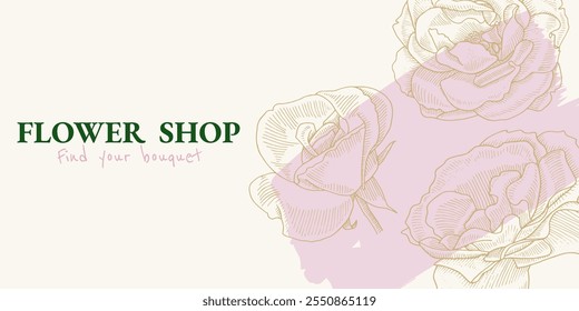 Roses banner template. Flower shop background. Floral backdrop for beauty business. Vector illustration