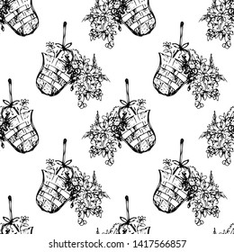 Roses in basket. Seamless pattern. Vector illustration.