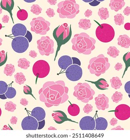 Rosas e bagas design de ilustração padrão sem costura