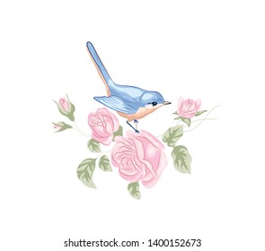 Roses bird sings spring summer decoration print leaves Nightingale Queens Hummingbird tit Wren Robin