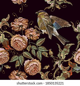 Roses and bird, vintage embroidery. Seamless pattern. Design of clothes, tapestry flowers renaissance style, vector 