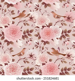 Roses and Birds. Seamless floral background. Vector illustration.