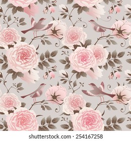 Roses and Birds. Seamless floral background. Vector pattern.