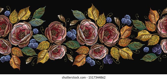 Roses and blackberry horizontal seamless pattern. Embroidery style. Autumn garden template for design of clothes. Harvest time art 
