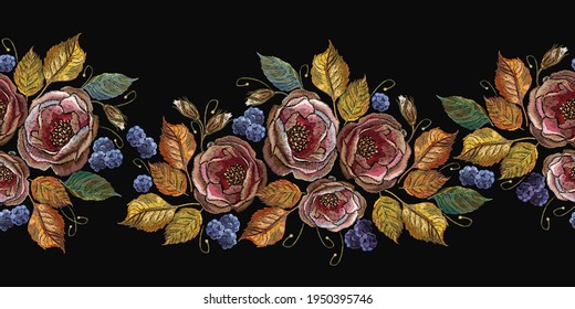 Roses and blackberry, horizontal seamless pattern. Autumn garden template for design of clothes. Harvest time art. Embroidery style 