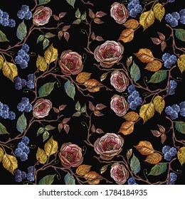 Roses and blackberry seamless pattern. Autumn garden. Embroidery style. Template for design of clothes and t-shirt design 