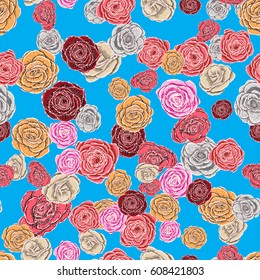 Roses bloom heads, seamless pattern. Endless handdrawn repetition. Vector.