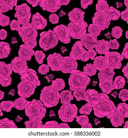 Roses bloom heads with skulls, seamless pattern. Endless handdrawn gothic fashion repetition. Vector.