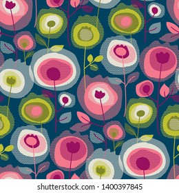 Roses in blossom seamless pattern. Abstract flower garden on dark blue background. Minimalist hand drawn blooming plants with dots and hatching decor. Retro botanic textile print, wallpaper