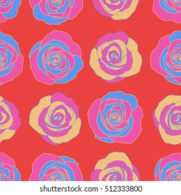 Roses in blue, pink and red colors. Seamless background pattern. Hand drawn elements. Vector illustration.