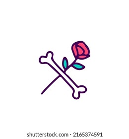 Roses and bone, illustration for t-shirt, sticker, or apparel merchandise. With doodle, retro, and cartoon style.