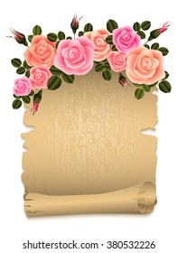 Roses border and old paper scroll