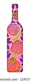 Roses in a bottle of wine. Modern paper cut out style.