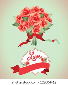 Roses bouquet. Gift. Labels. Valentine card.