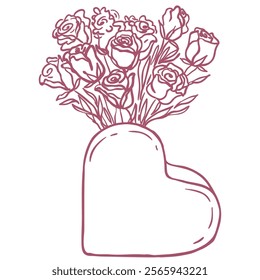 Roses Bouquet in the Heart Vase. Line Art Illustration.