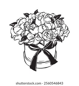 Roses bouquet icon, flower line hand drawn bride illustration vector romantic Valentine day surprise. Floral doodle clipart, blossom bunch love botanical graphic, ribbon bow. Roses bouquet elegant art