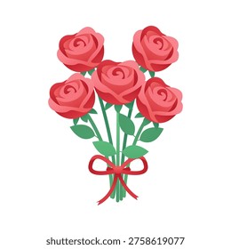 Roses Bouquet Isolated on a White Background. Red Flowers with Bow. Vector illustration.