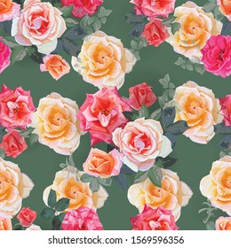 Roses bouquet with leaves  seamless pattern - vector illustration