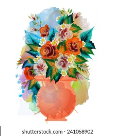 Roses Bouquet  one stroke painting  in the ceramic vase. Vector