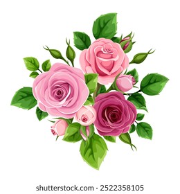 Bouquet de rosas. Bouquet rosa e roxo flores rosa isolados em um fundo branco. Composição floral vetorial. Ilustração desenhada à mão, não IA