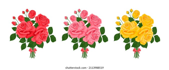 Roses Bouquet Set Isolated On White Background. Red, Yellow And Pink Flowers. Vector Floral Cartoon Flat Illustration.